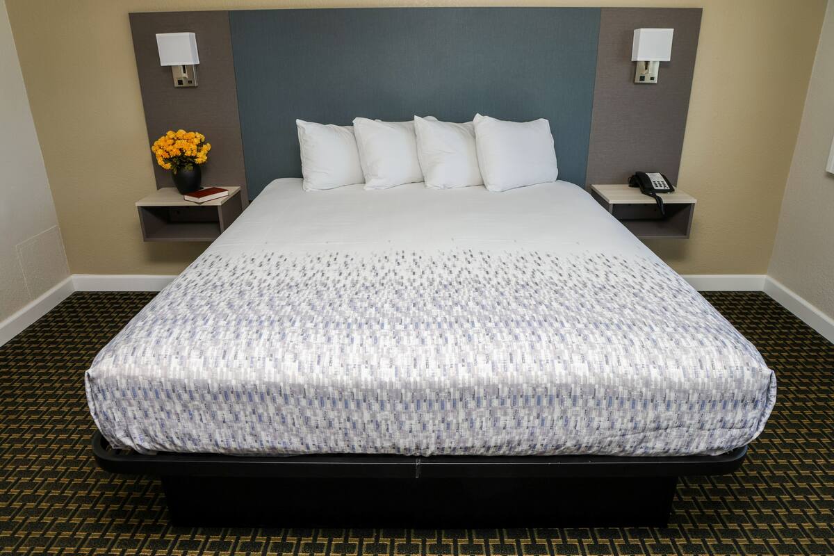 Una habitación de hotel con una cama grande, un cabecero con interruptor de luz, una mesita de noche con teléfono y un pequeño jarrón con flores.
