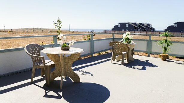 A patio with a round table and two chairs, a potted plant, and a view of a beach and houses in the background.