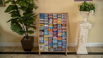 A travel information board with various destination brochures, a potted plant, and a decorative column.