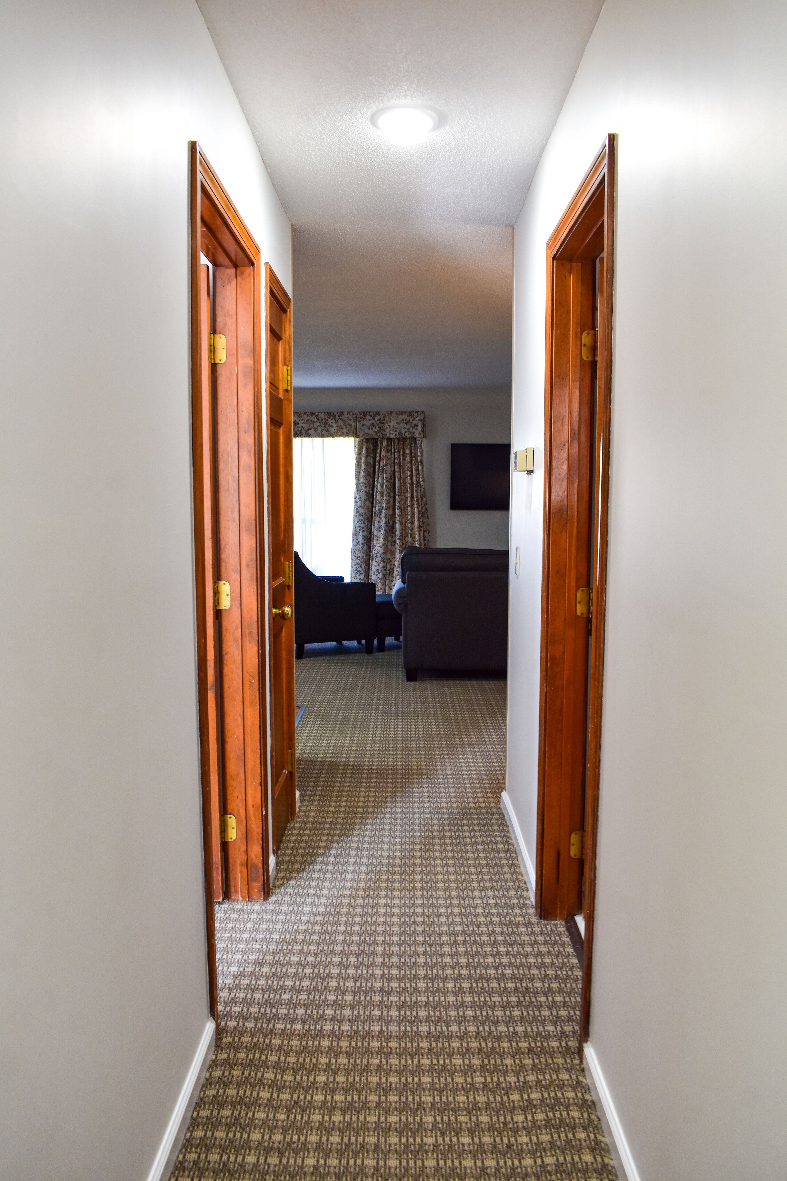 A hallway with carpeted flooring, wooden doors, and a dark-colored sofa in the background.