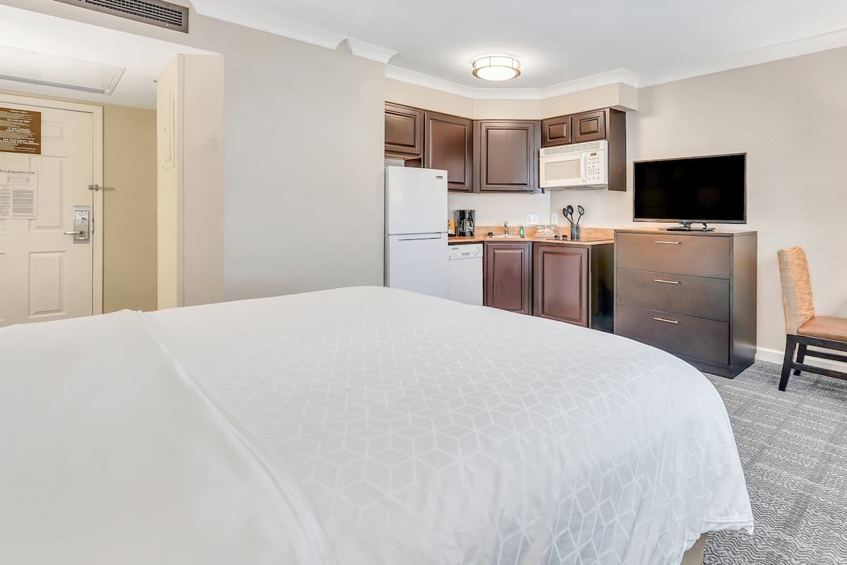Habitación de hotel con una cama grande, una kitchenette equipada con microondas, refrigerador y alacenas, un televisor y una silla.