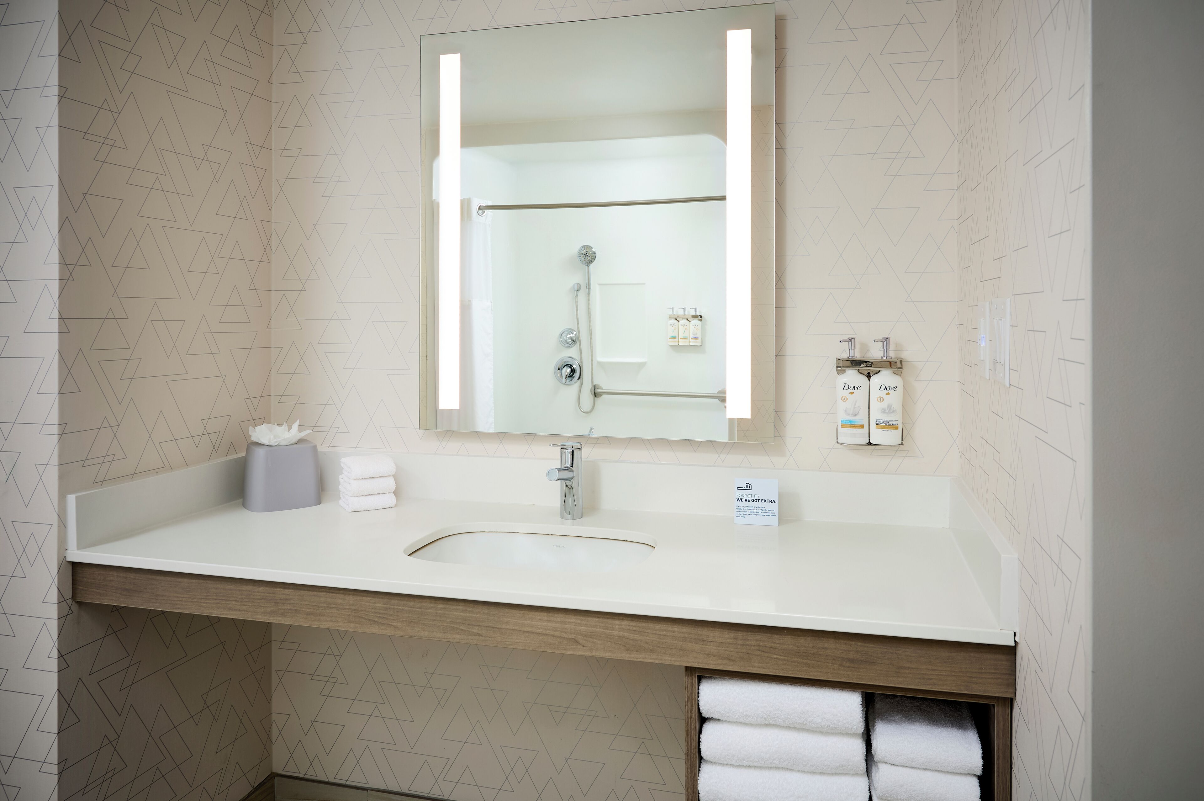 standard room, 2 queen beds, roll-in shower (mobility, roll-in shower) | bathroom | shower, hair dryer, towels