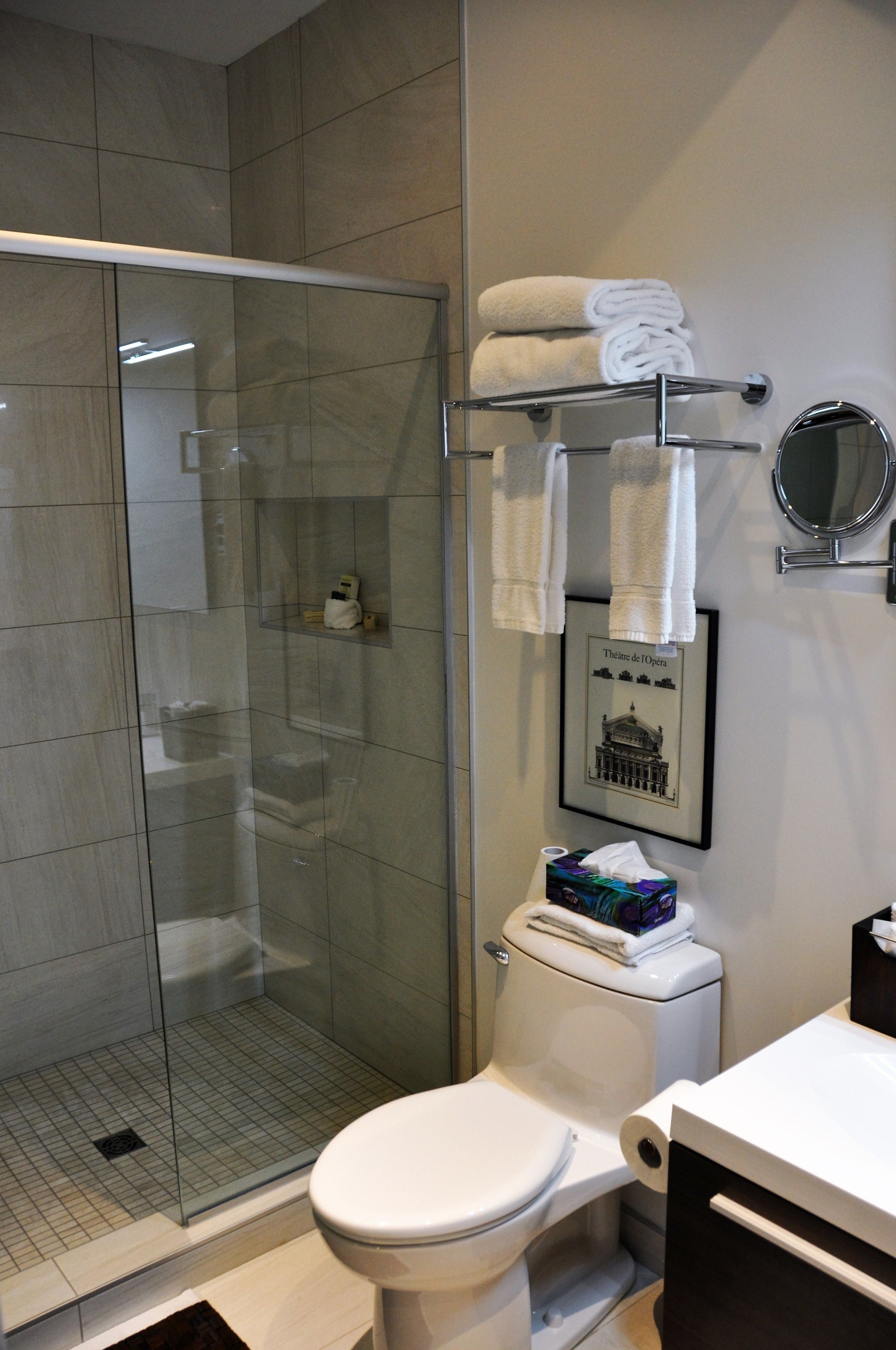 deluxe room | bathroom | shower, rainfall showerhead, free toiletries, hair dryer