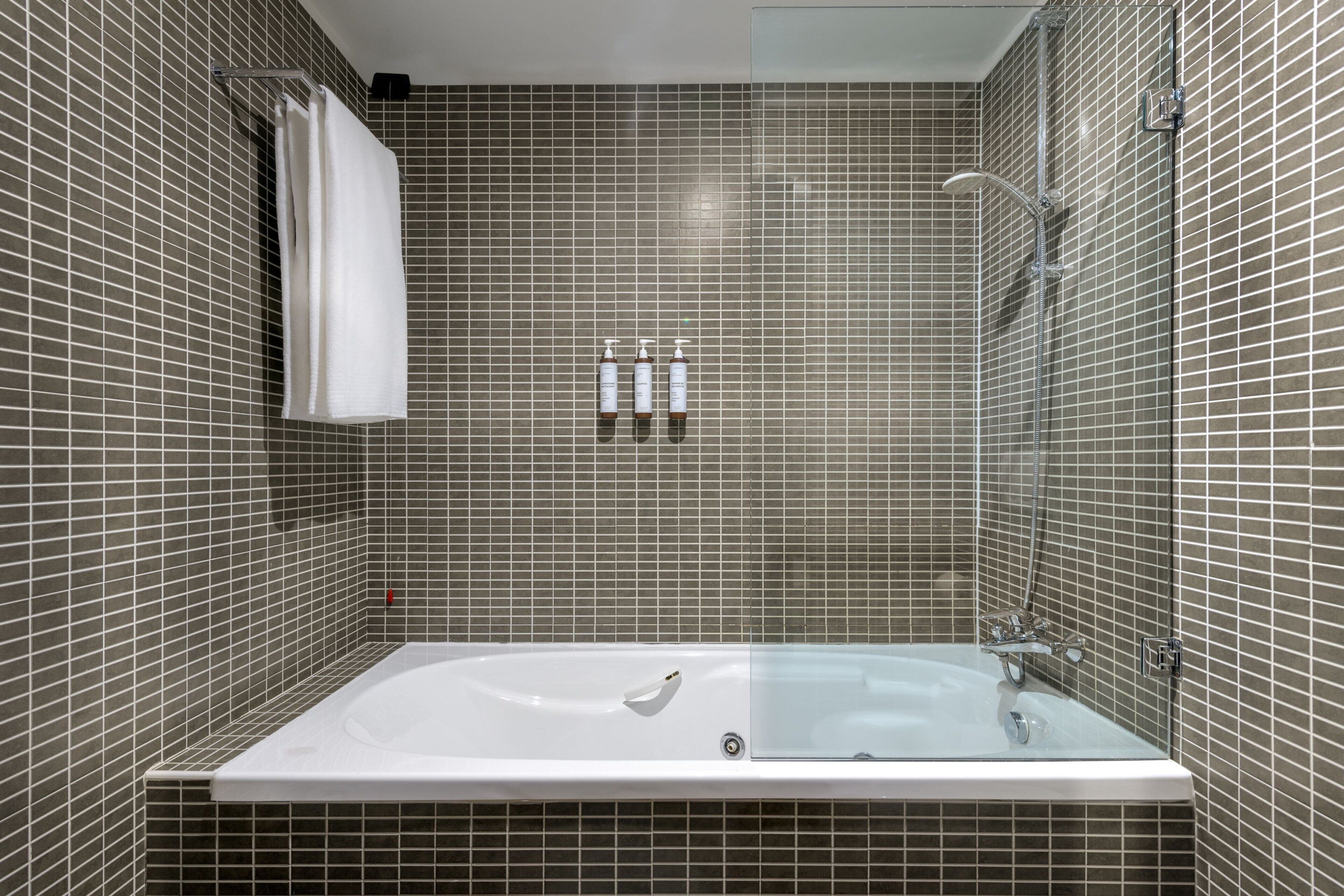 combined shower/bathtub, deep-soaking bathtub, free toiletries