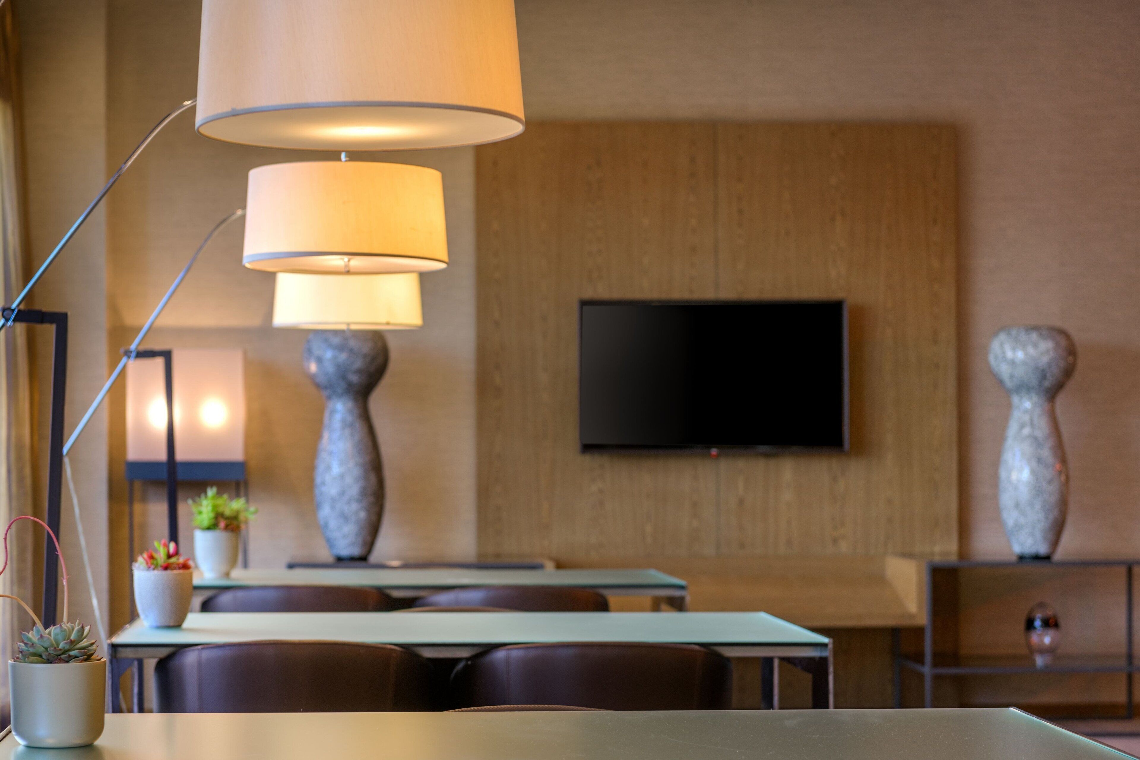 Zona pranzo moderna con una TV a schermo piatto montata sulla parete, due alti vasi decorativi e un tavolo con sedie.