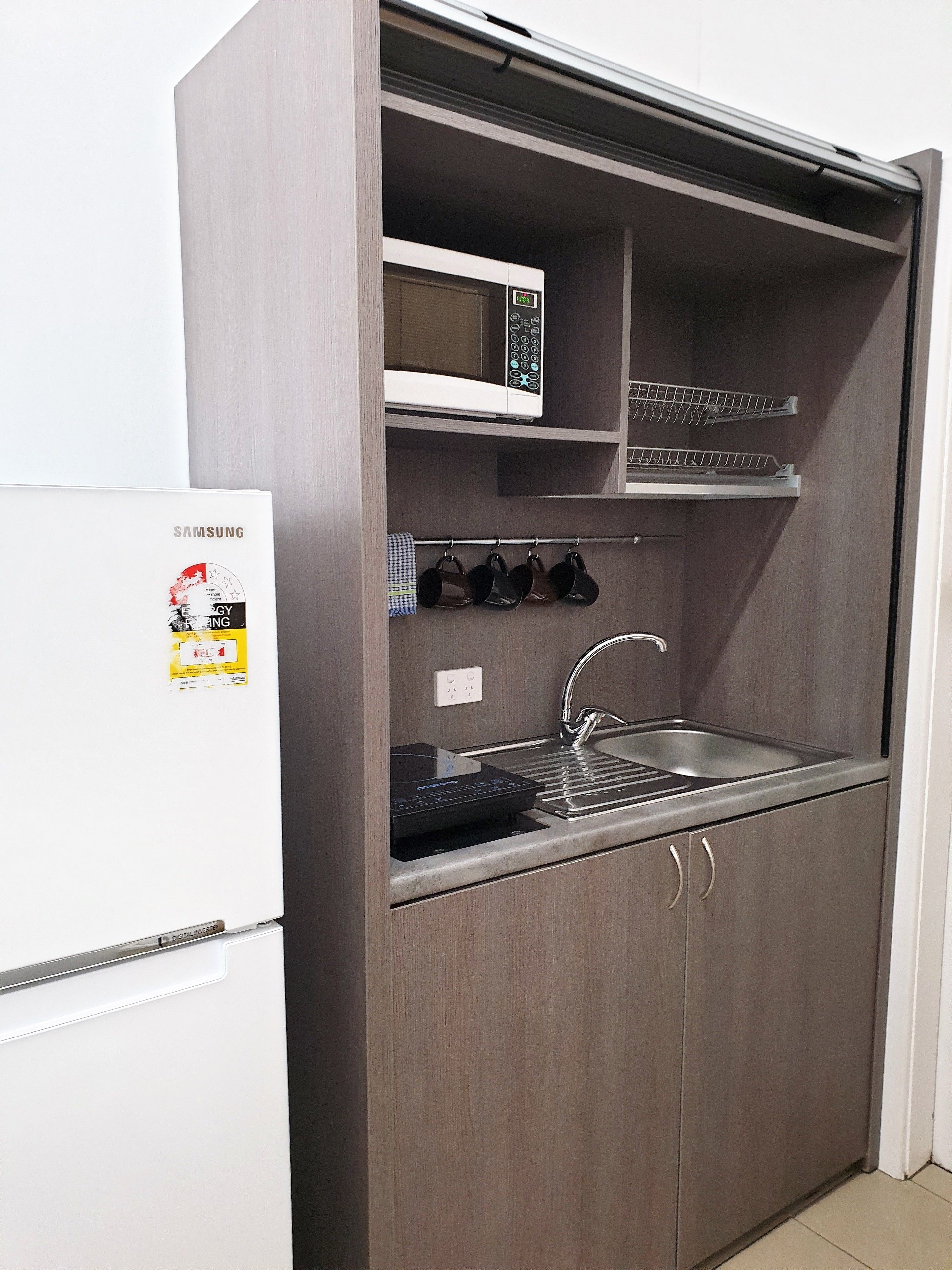 mini-fridge, microwave, coffee/tea maker, electric kettle