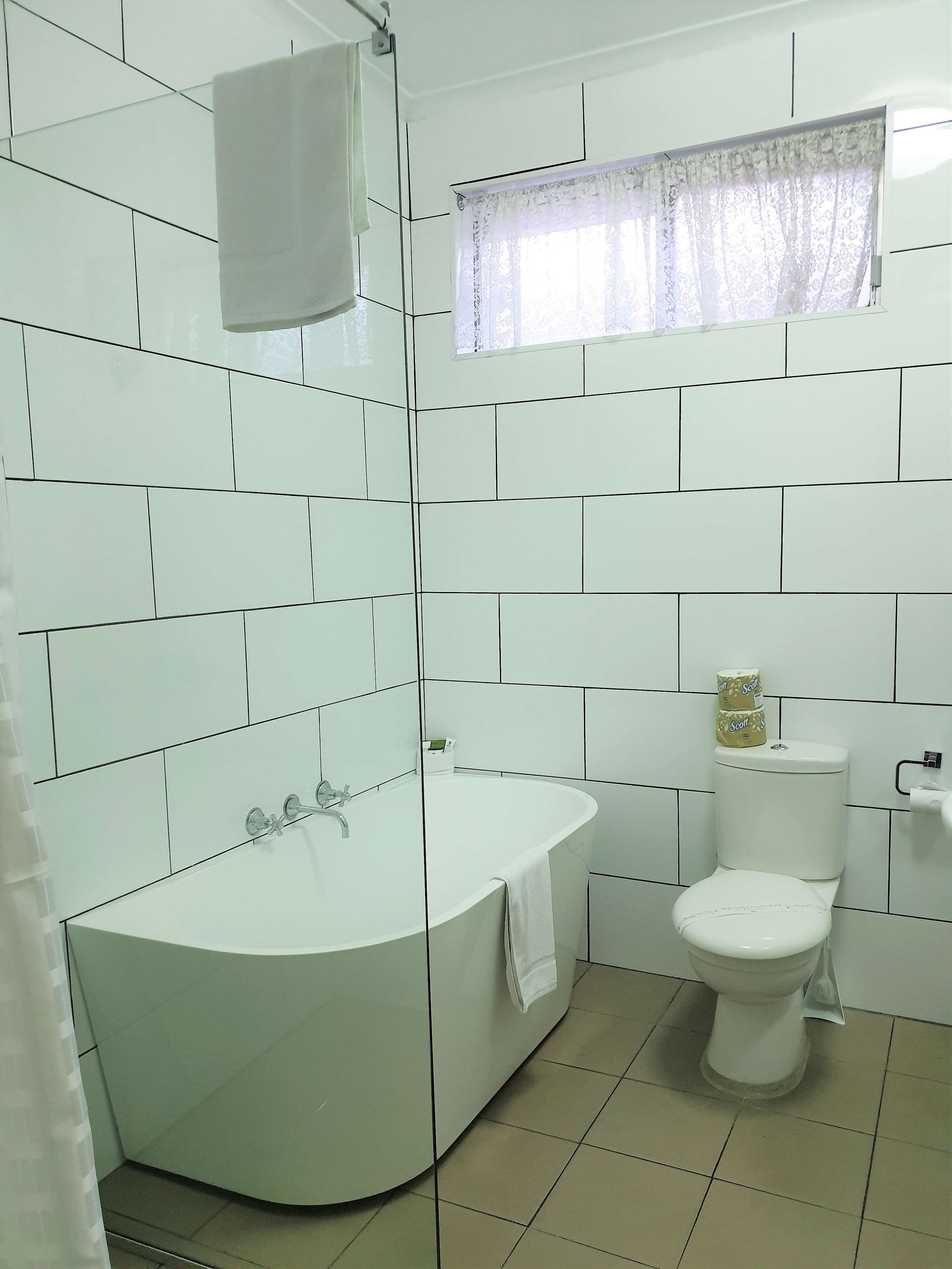 A bathroom with a freestanding bathtub, a toilet, and a window with a lace curtain.