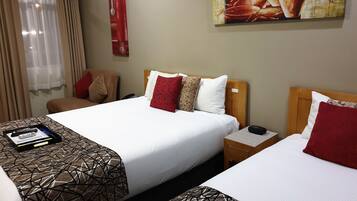 Minibar, desk, laptop workspace, iron/ironing board