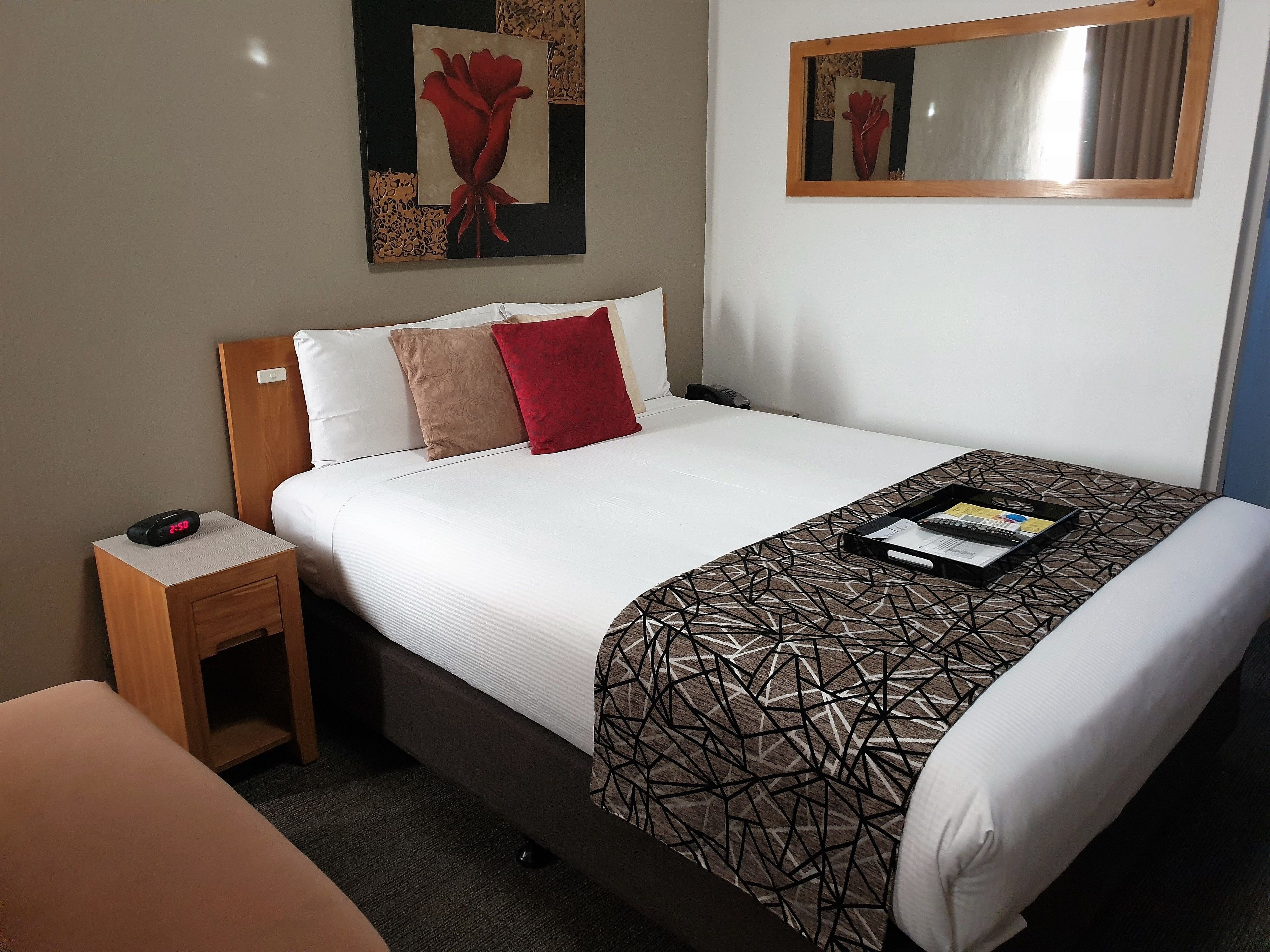 Una habitación de hotel con cama, mesita de noche, una almohada roja, una manta estampada, una obra de arte enmarcada sobre la cama y un espejo en la pared.