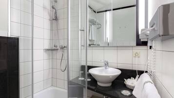 Shower, free toiletries, hair dryer, towels