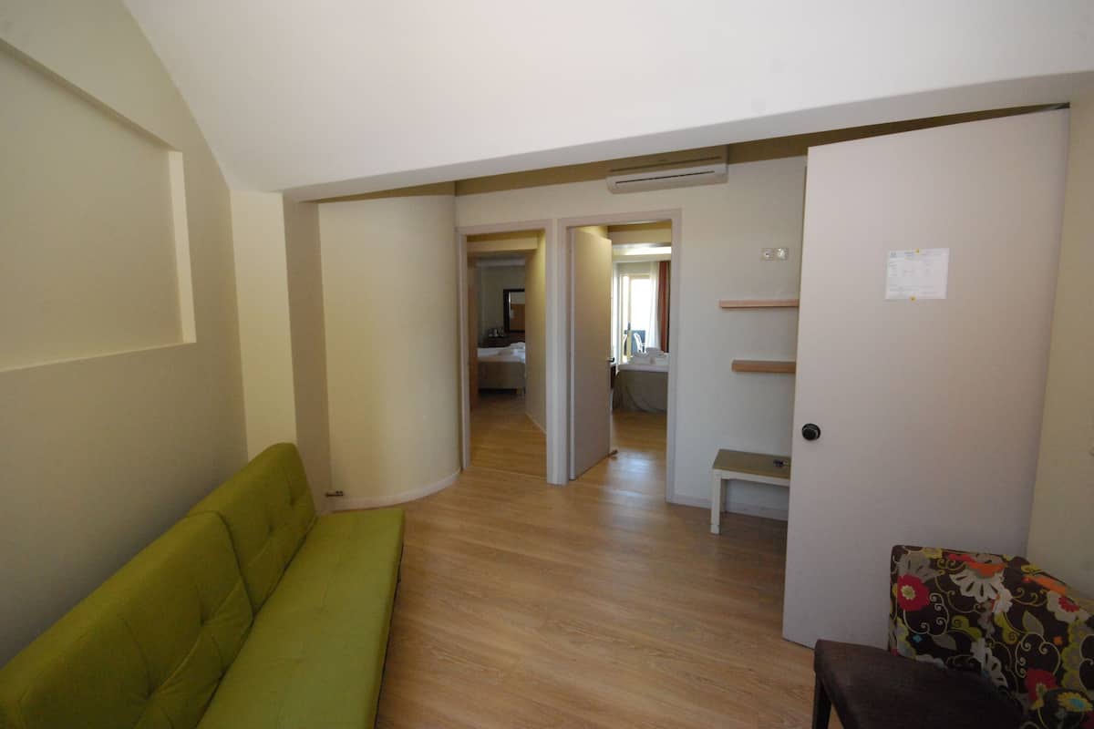 Una habitación con un sofá verde, suelo de madera, una puerta con espejo y una pequeña mesa con un cojín estampado de flores.