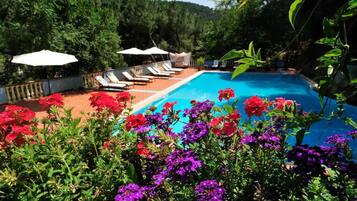 Seasonal outdoor pool, open 10:00 AM to 7:00 PM, pool umbrellas