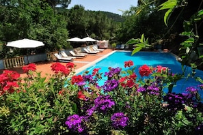 A pool surrounded by red and purple flowers, with lounge chairs and umbrellas.
