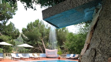 Seasonal outdoor pool, open 10:00 AM to 7:00 PM, pool umbrellas