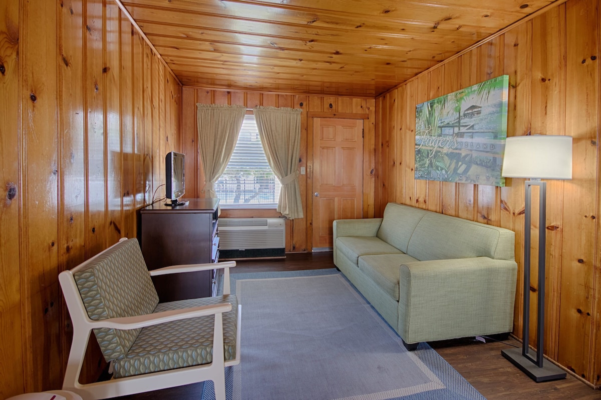 Cottage, Pool View (Units A, B, C, and D) | Living area | 38-inch flat-screen TV with cable channels, TV, DVD player
