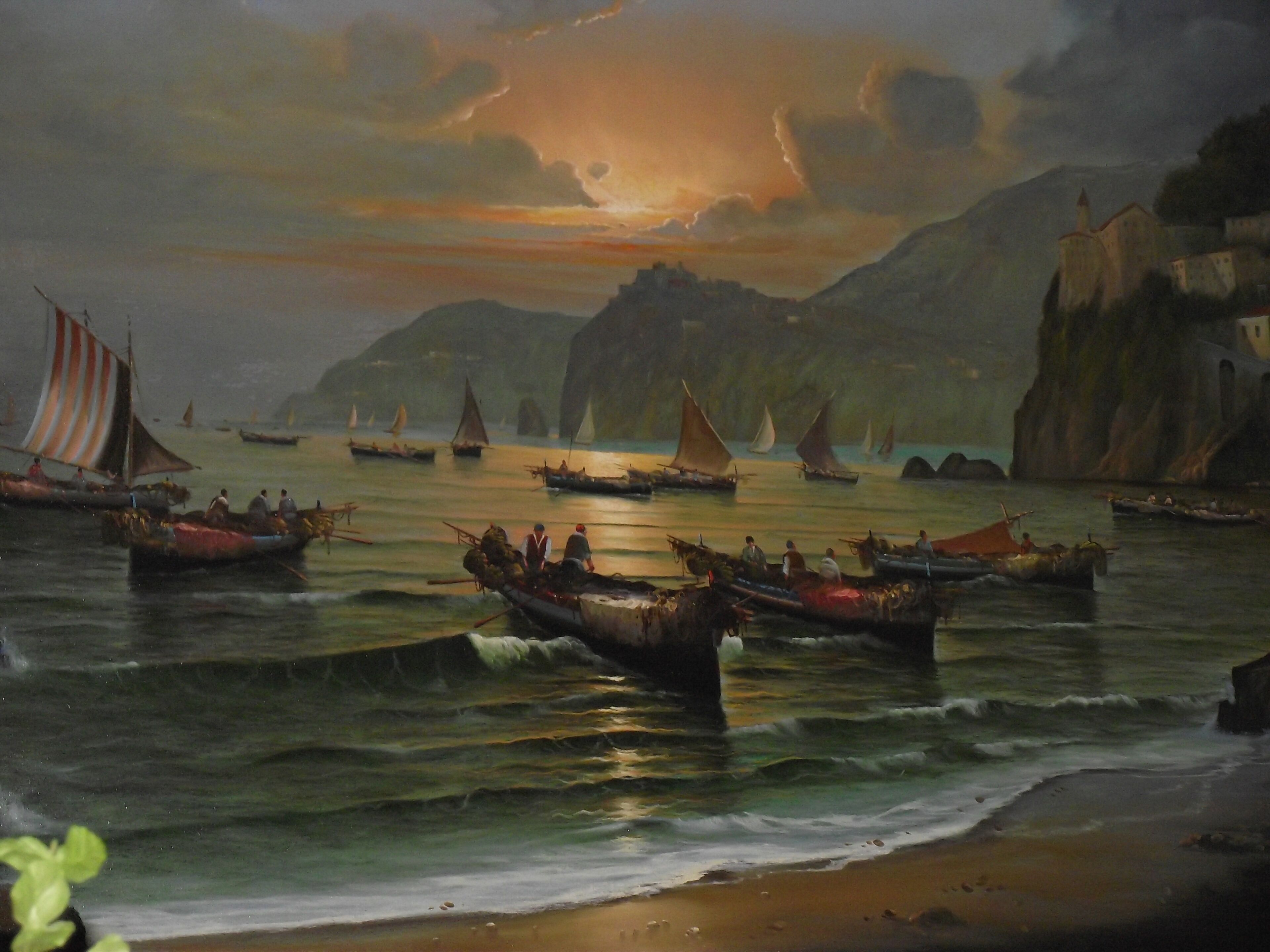 A coastal scene with boats, a lighthouse, and rocky cliffs.