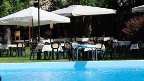 Outdoor pool, pool umbrellas, pool loungers