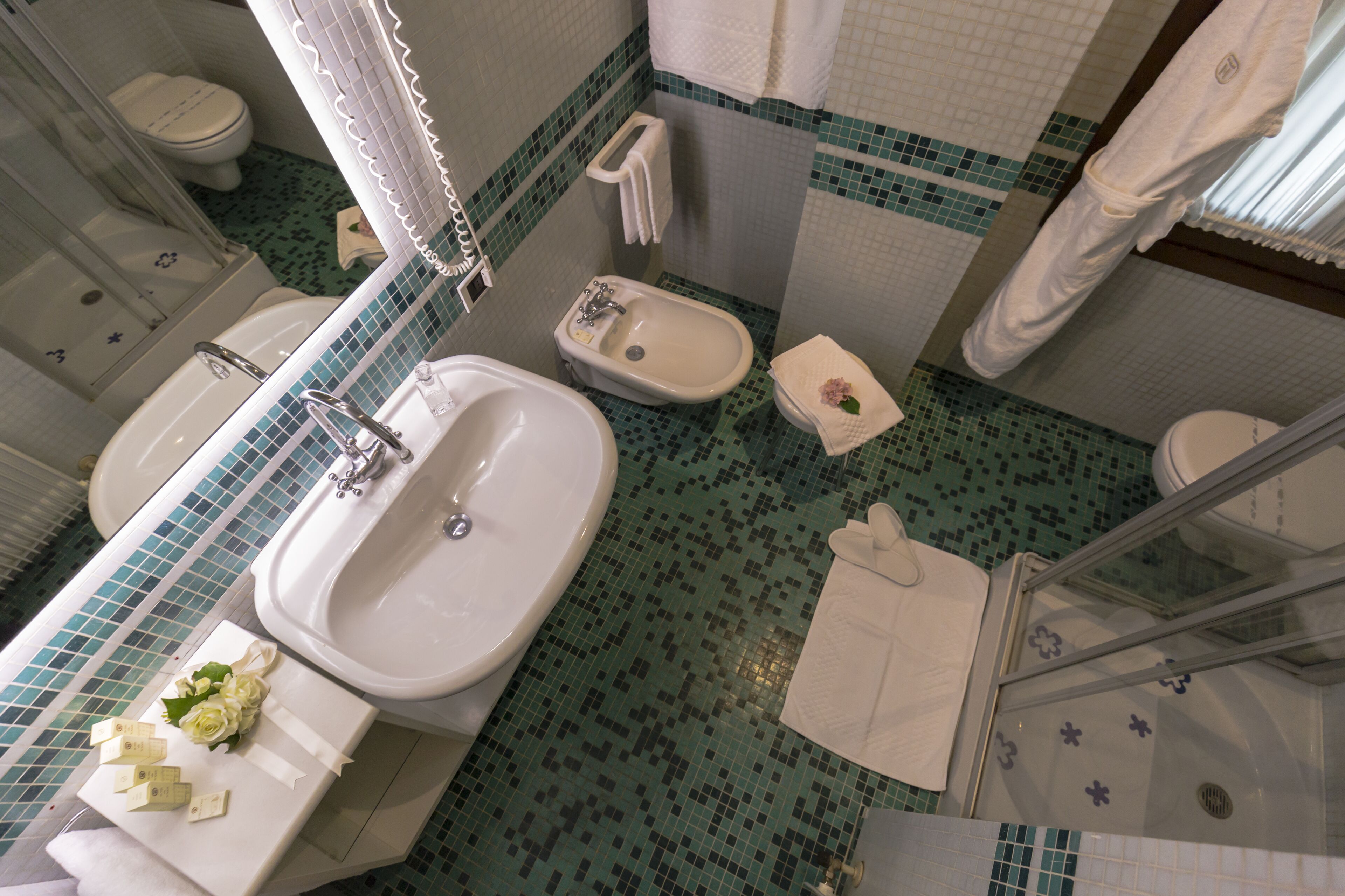 combined shower/bathtub, free toiletries, hair dryer, bidet