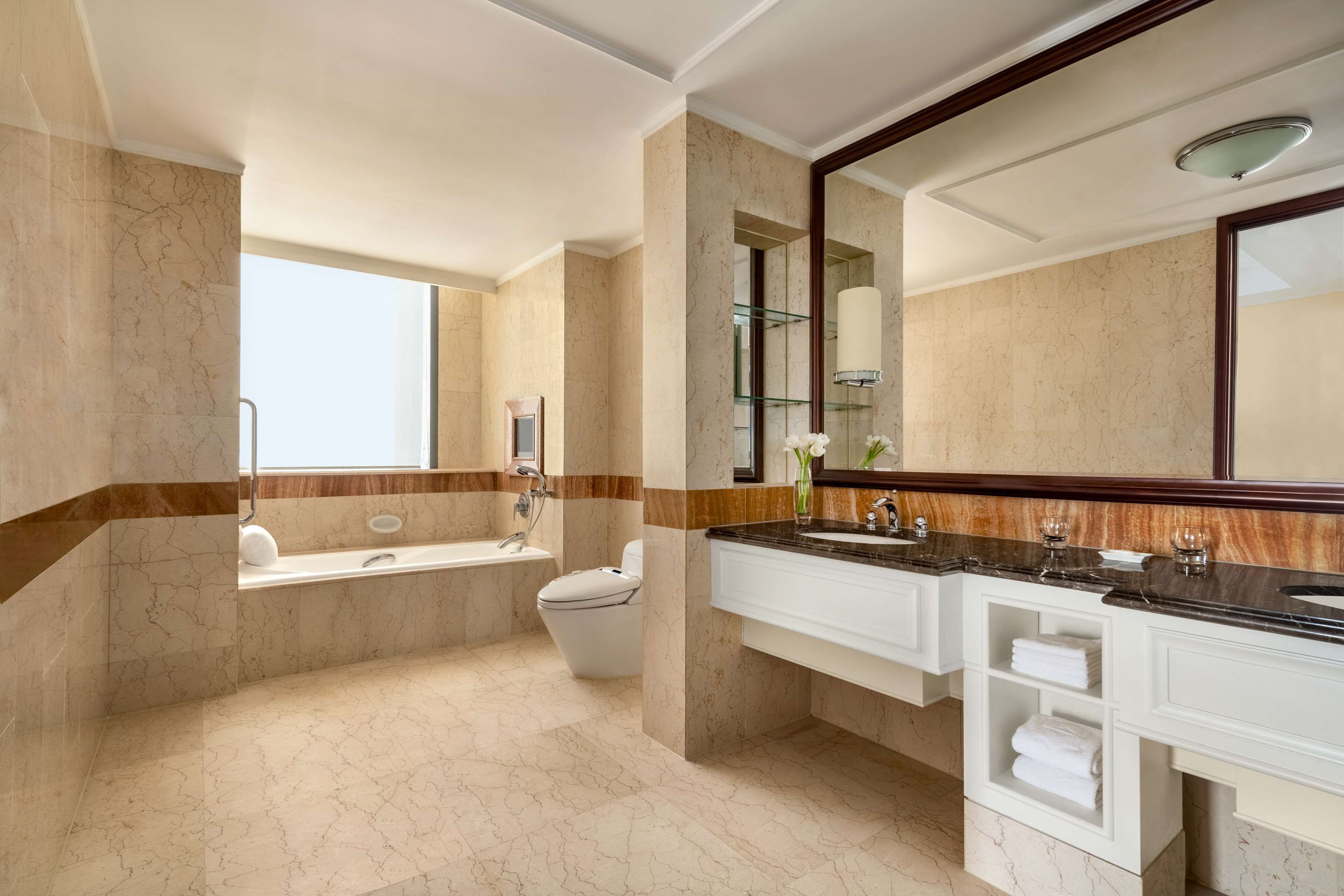 separate bathtub and shower, free toiletries, hair dryer, bathrobes