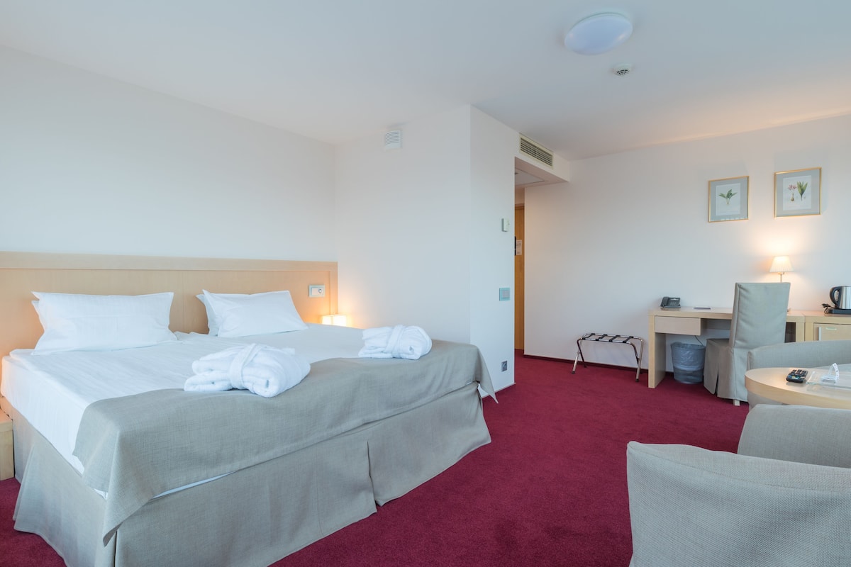 Ein Hotelzimmer mit Bett, Schreibtisch, Stuhl und einem kleinen Tisch.