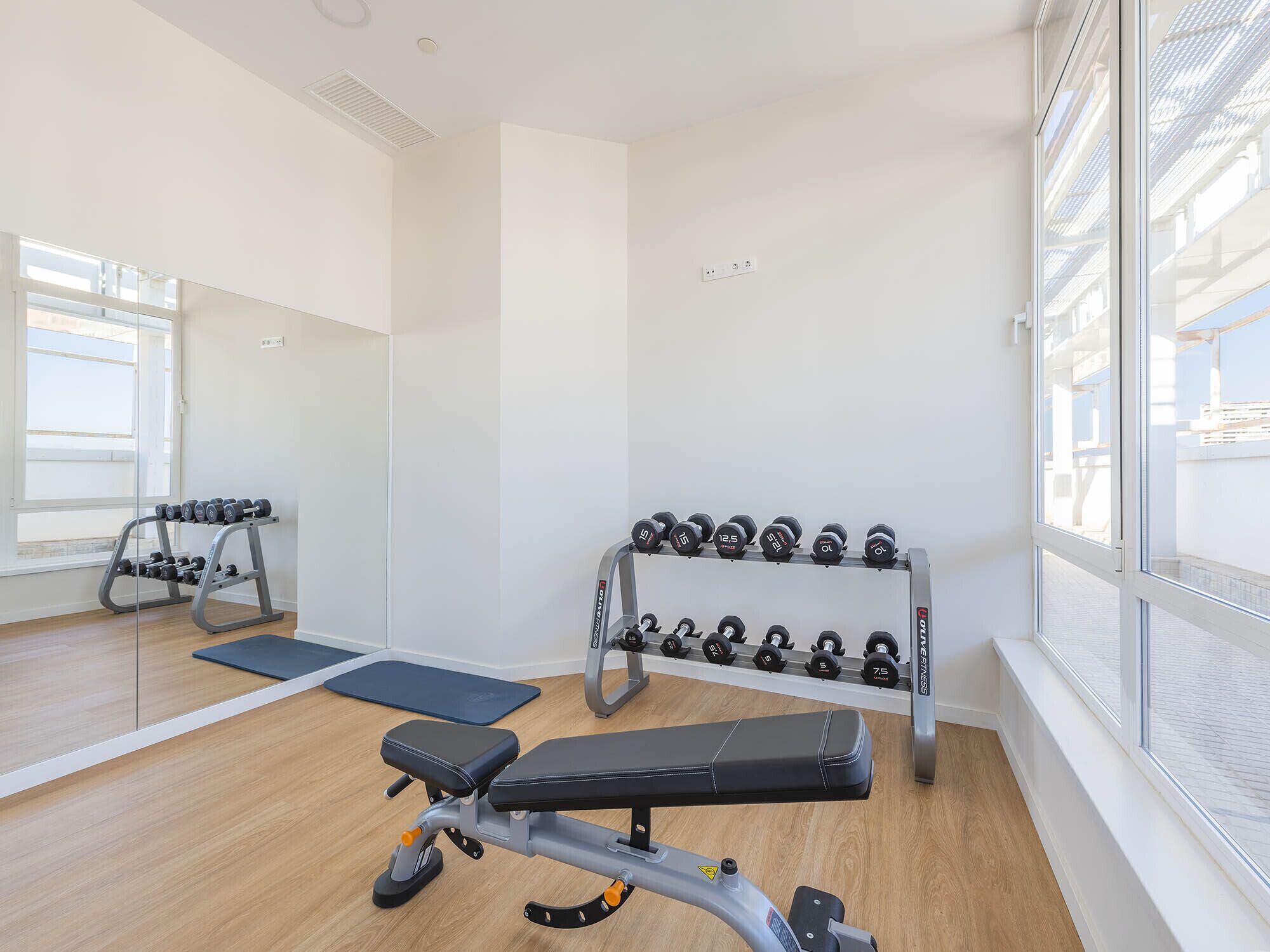 Une salle de sport équipée d’un banc, d’haltères et d’un miroir.