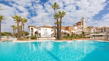 Seasonal outdoor pool, pool umbrellas, pool loungers