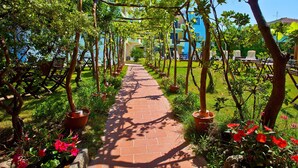 A brick pathway lined with potted plants and trees, leading to a building with a blue facade. - Ariadimari Hotel (Valledoria)