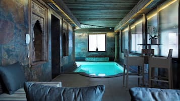 Indoor pool, open 10:30 AM to 7:00 PM, sun loungers