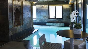 Indoor pool, open 10:30 AM to 7:00 PM, sun loungers