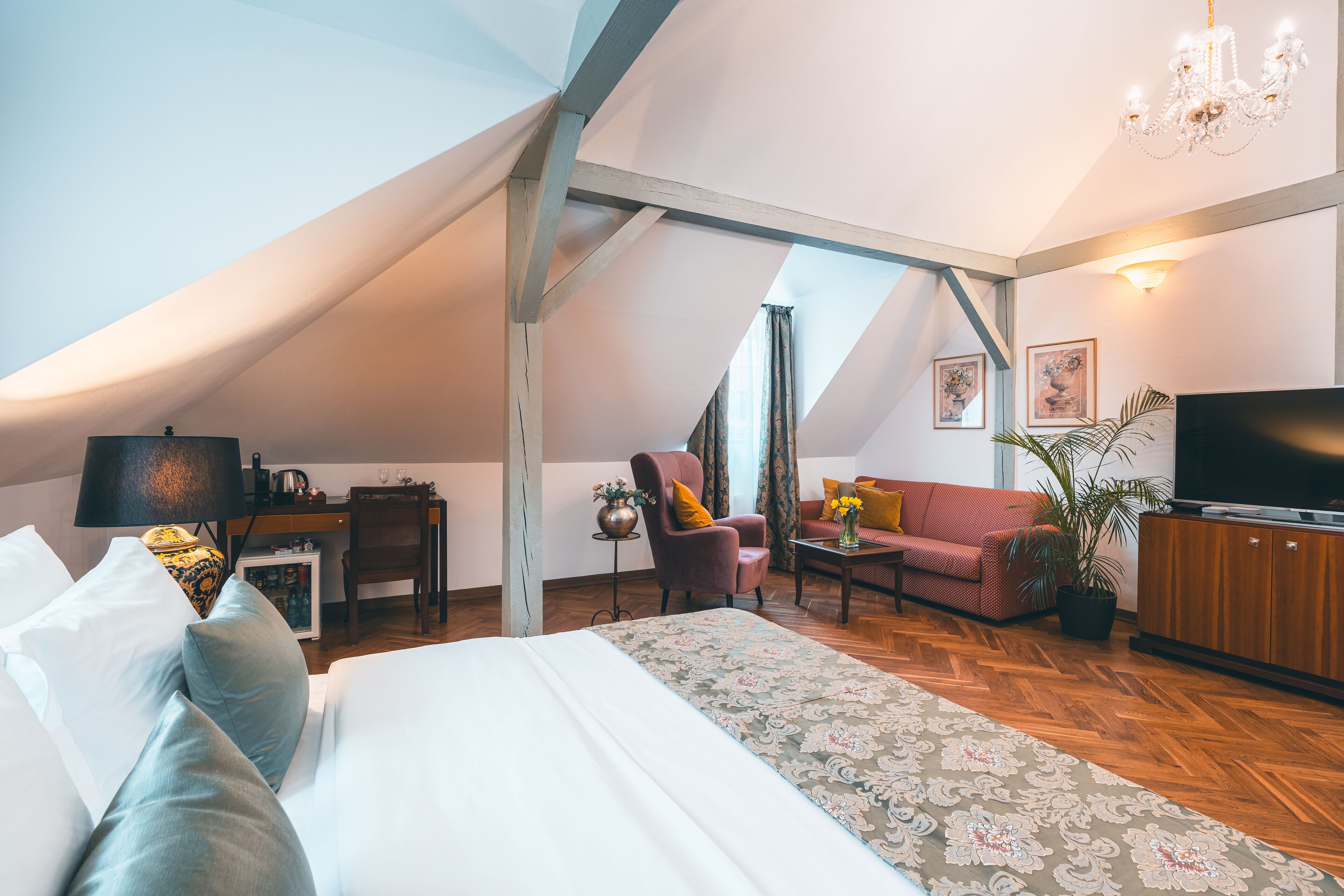 Un espacioso dormitorio tipo loft con una cama grande, una zona de estar con sofá y sillones, un televisor y una planta en maceta.