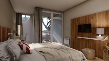 Une chambre d’hôtel moderne avec un grand lit, un téléviseur fixé au mur en bois, une petite table avec une lampe et une vue sur l’extérieur grâce à une porte coulissante.