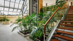 A spacious indoor area with a glass staircase, surrounded by potted plants and outdoor seating.