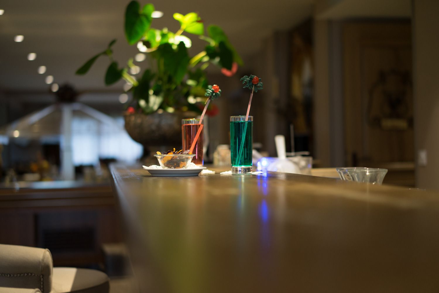 Una zona de bar con dos bebidas sobre la barra, un frutero y una planta en maceta al fondo.