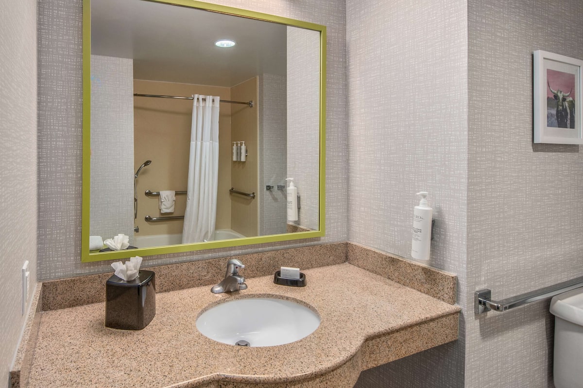 combined shower/bathtub, designer toiletries, hair dryer, towels