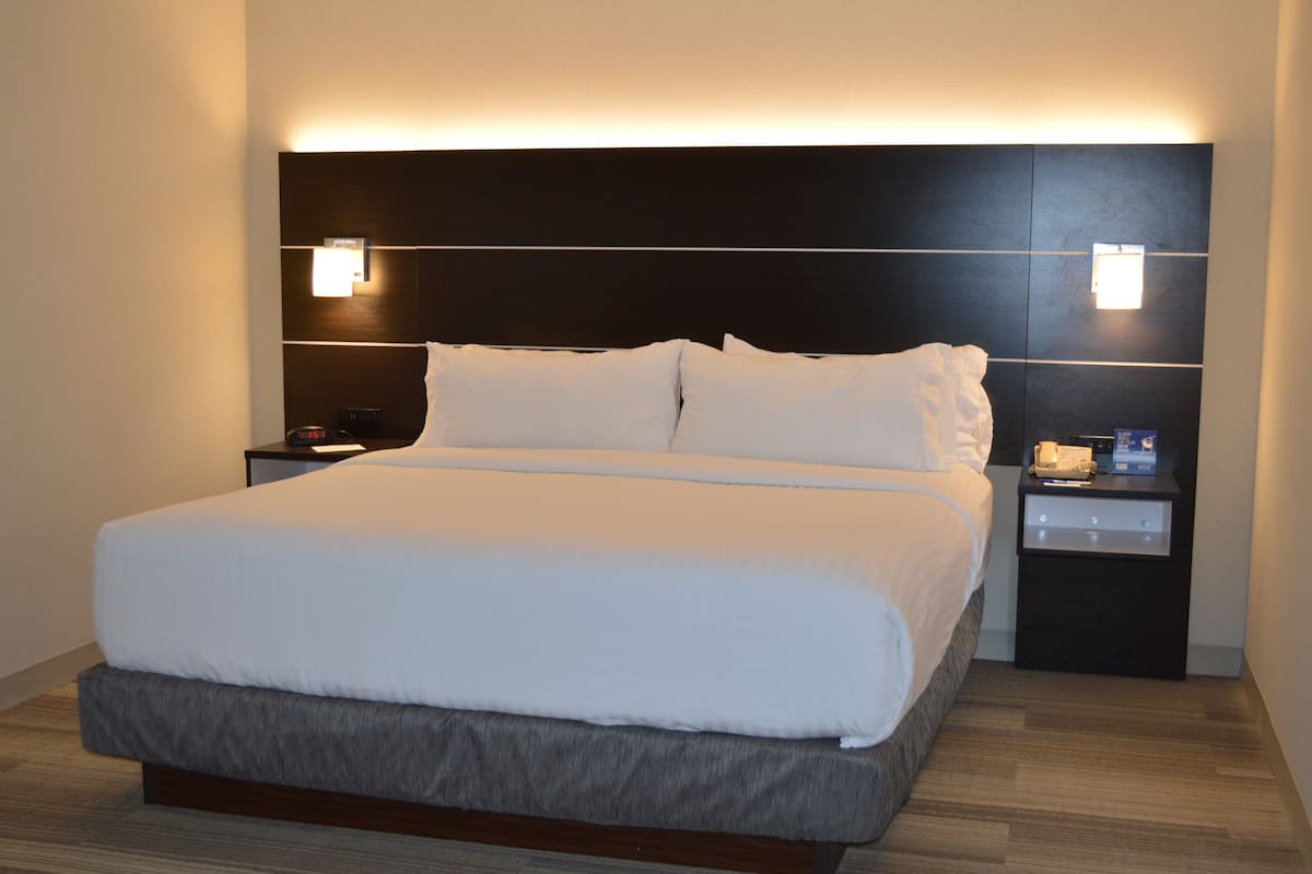 Una habitación de hotel moderna con una cama grande, un cabecero oscuro, mesitas de noche con lámparas y suelo de madera.