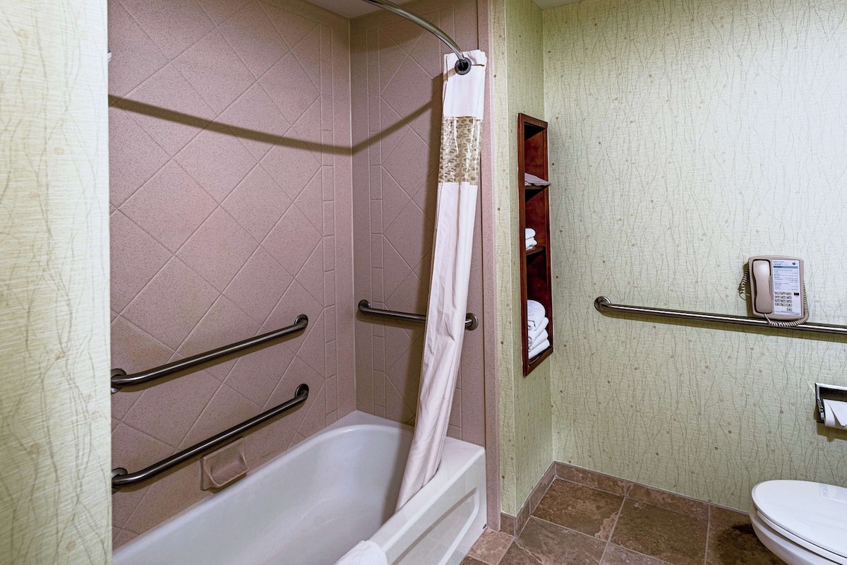 room, 1 king bed, accessible, non smoking (mob/hearing acc w/ roll-in shower) | bathroom | free toiletries, hair dryer, towels, soap