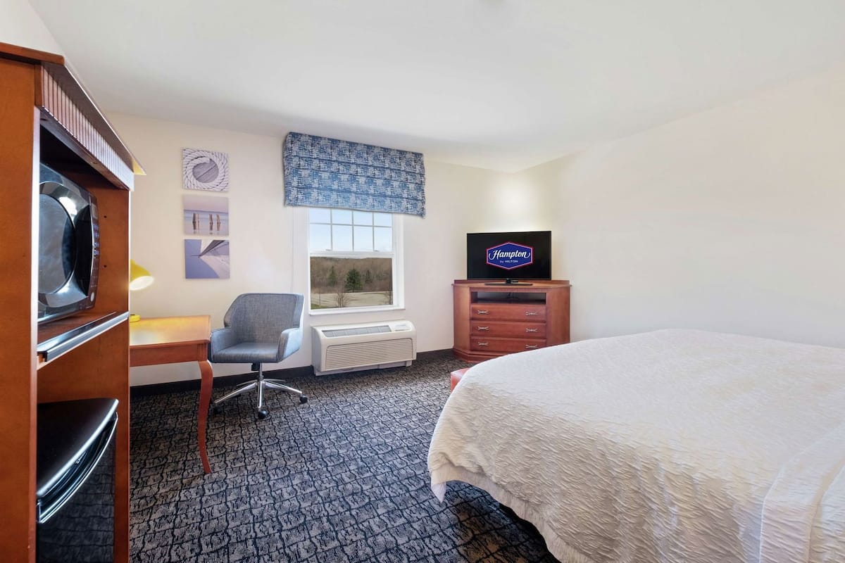 A hotel room with a bed, a desk with a chair, a television, and a window with a view of trees.