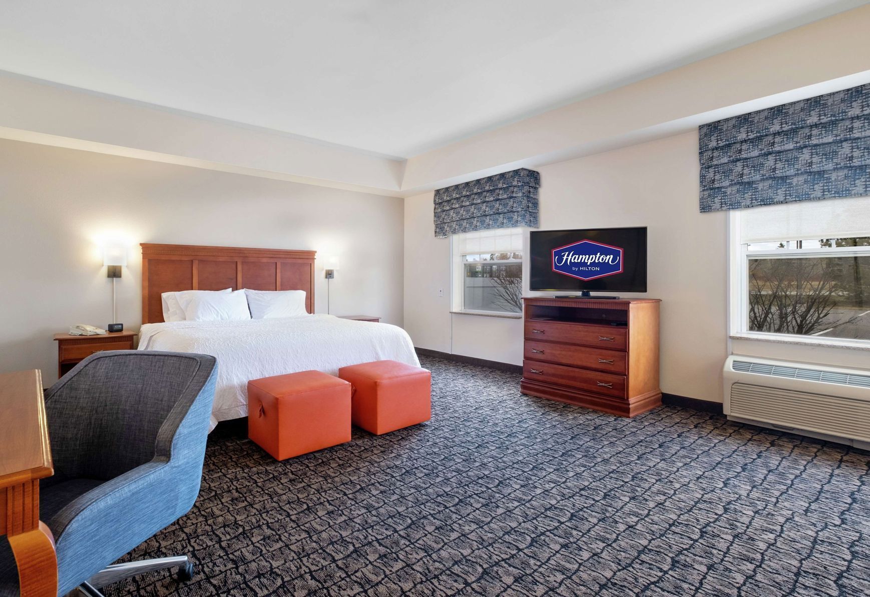 Hypo-allergenic bedding, down comforters, desk, laptop workspace