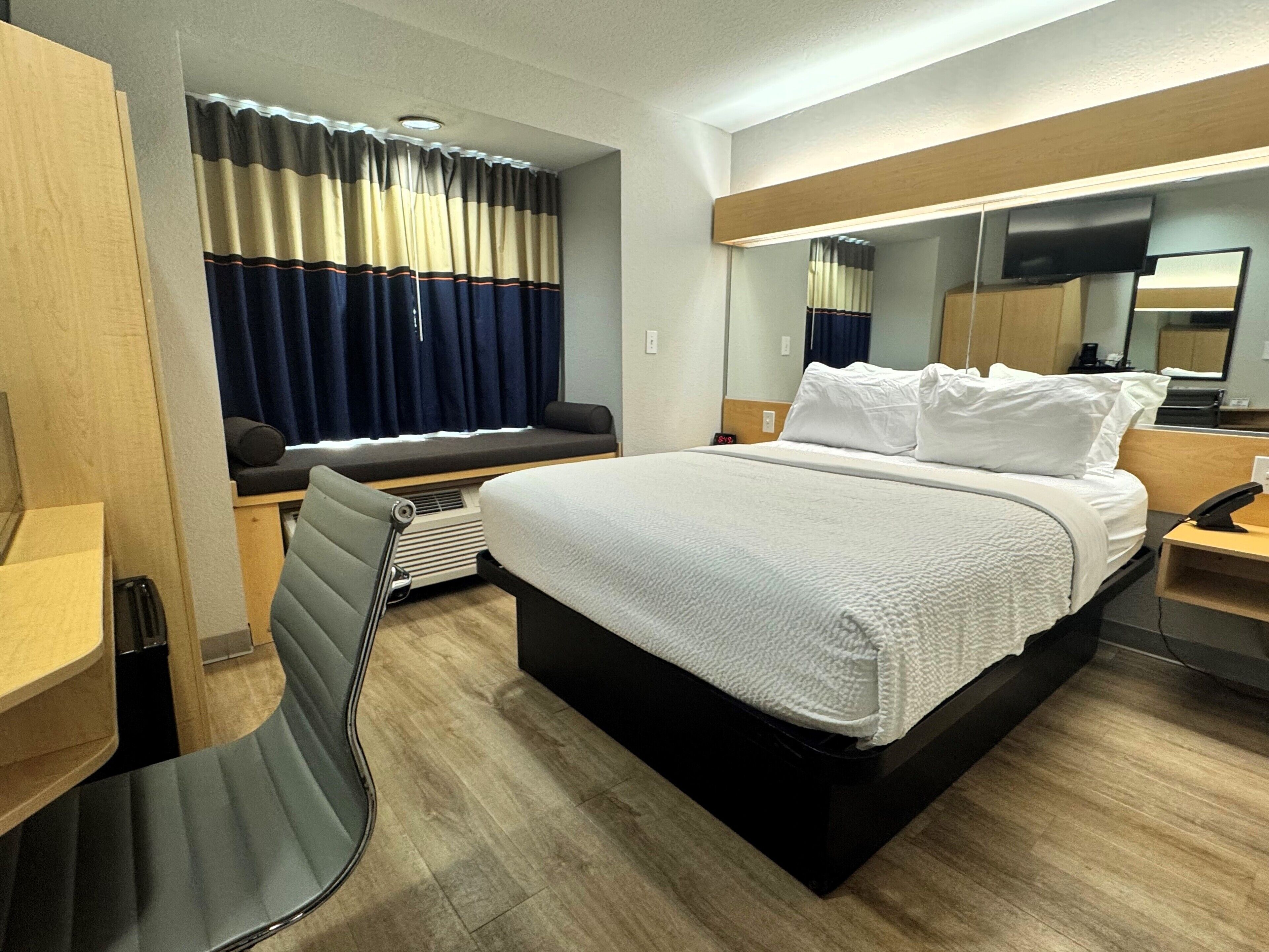 desk, blackout curtains, free wifi, bed sheets