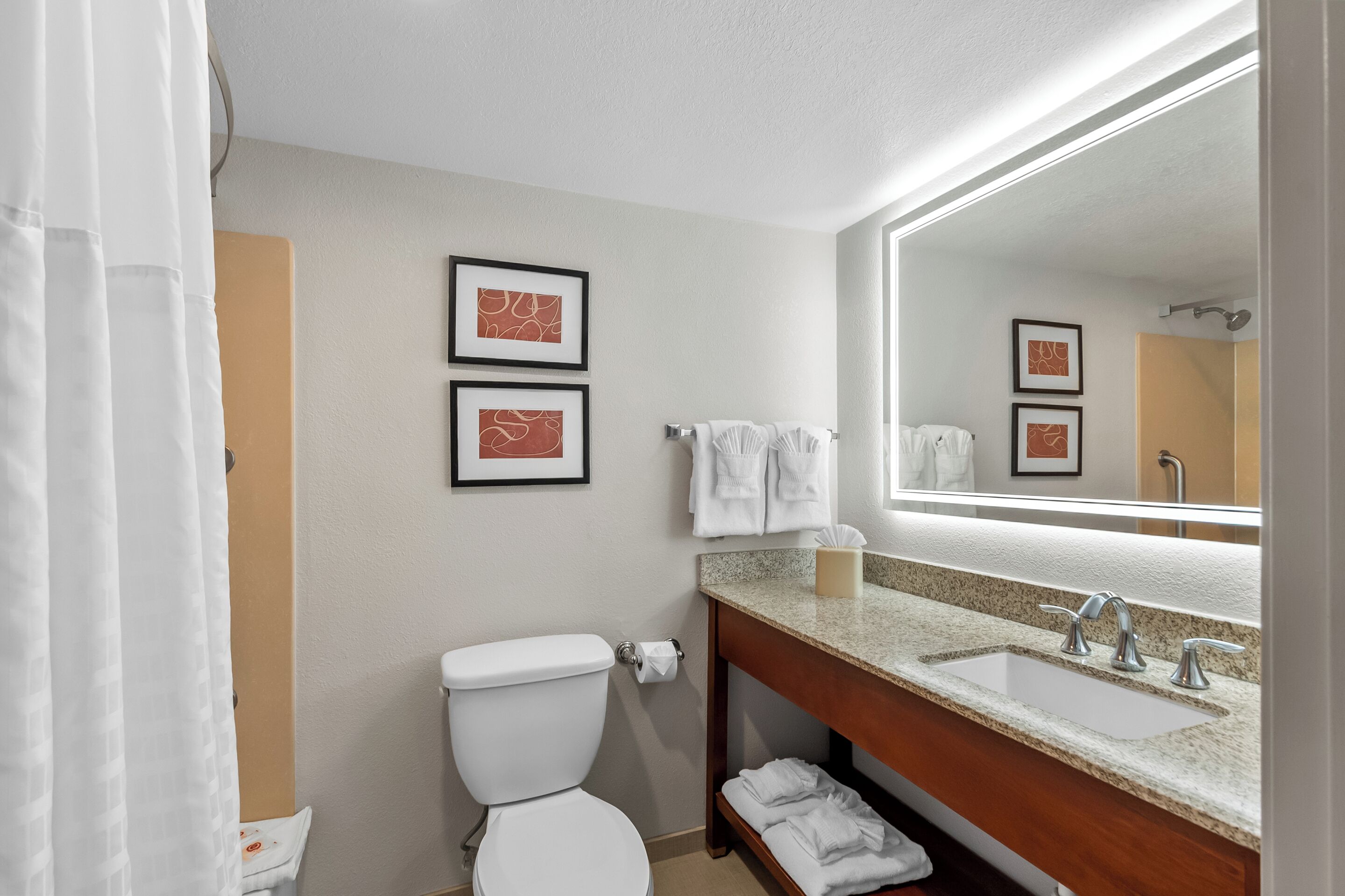 Une salle de bain avec des toilettes, un lavabo et un miroir. On y trouve des serviettes et une boîte de mouchoirs sur le comptoir.