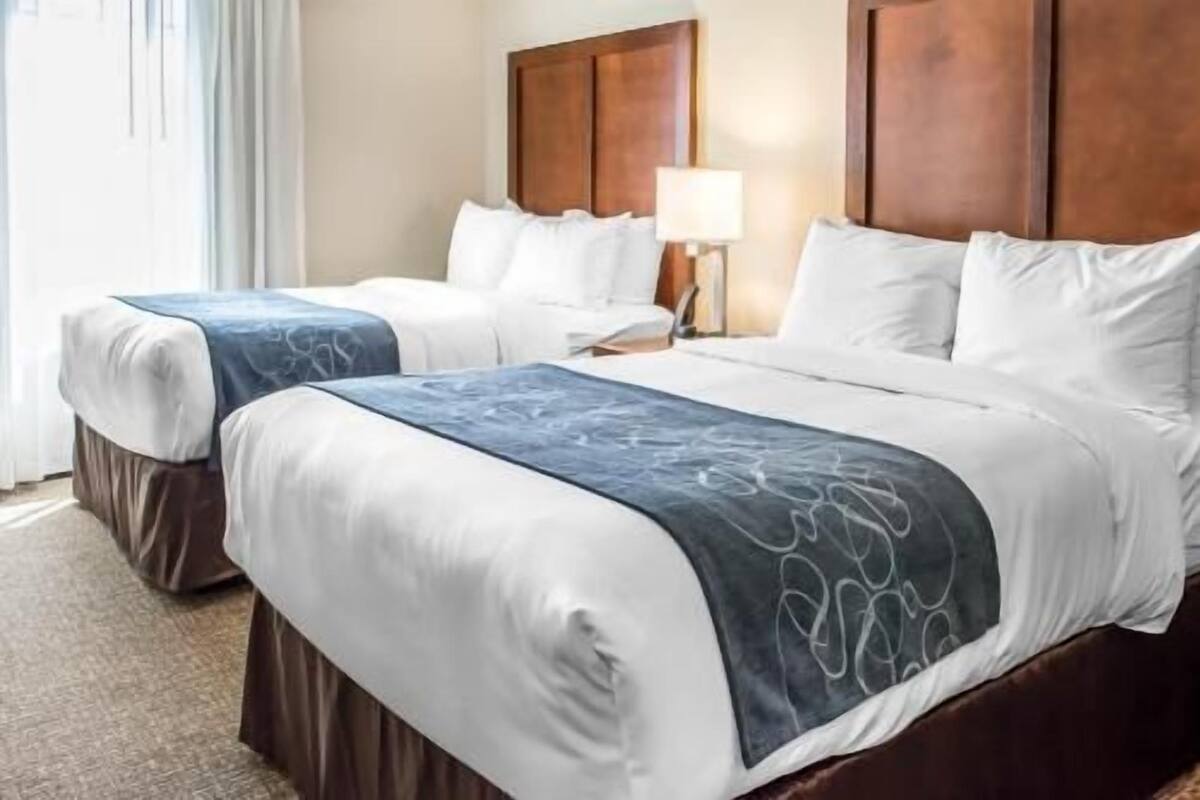 Een hotelkamer met twee bedden, een nachtkastje, een lamp en een houten hoofdbord.