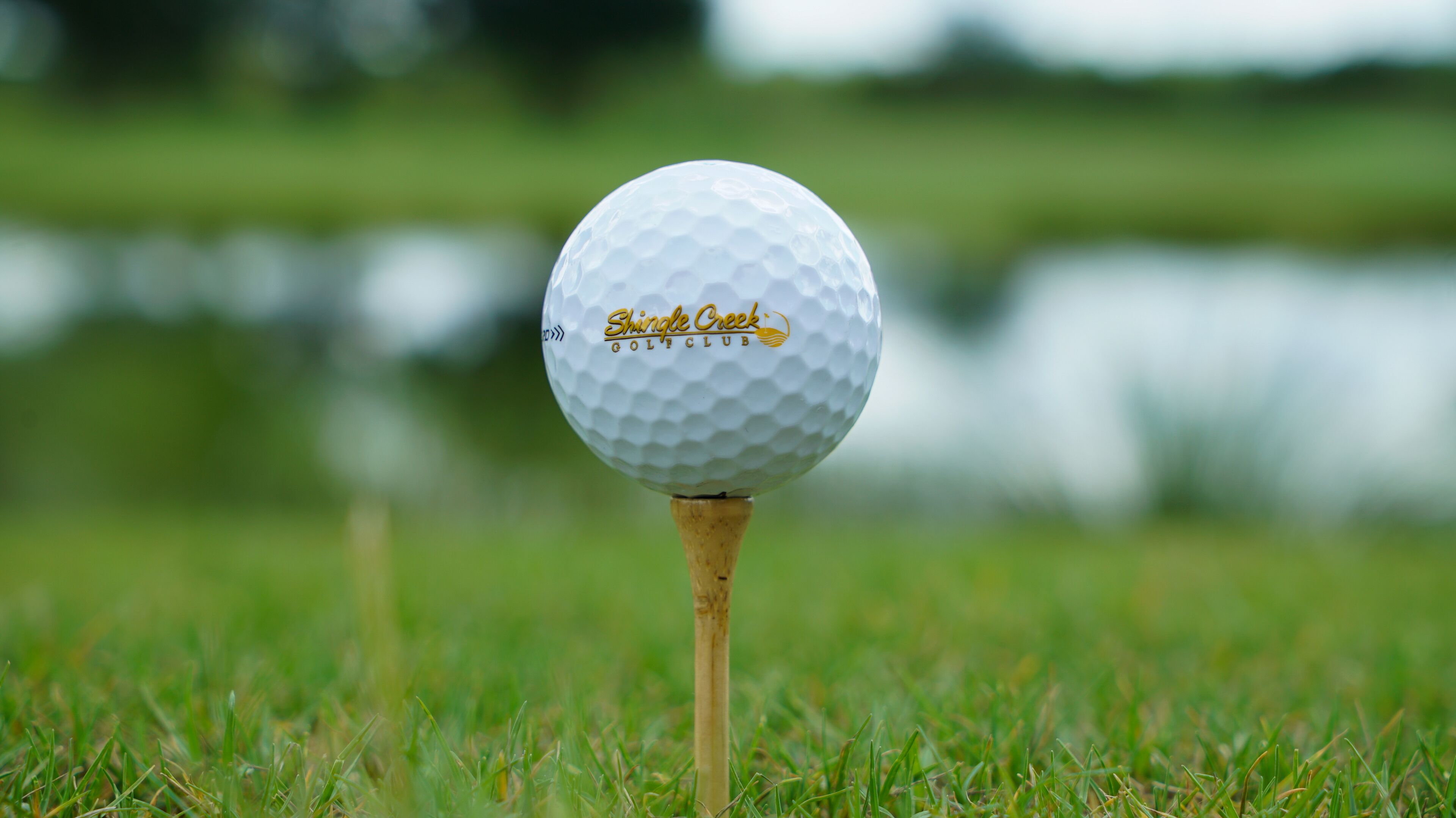 A golf ball on a tee in a grassy area with a water body in the background.