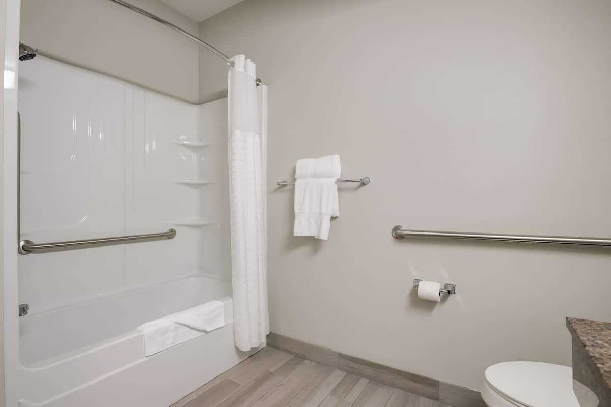 combined shower/bathtub, hair dryer, towels