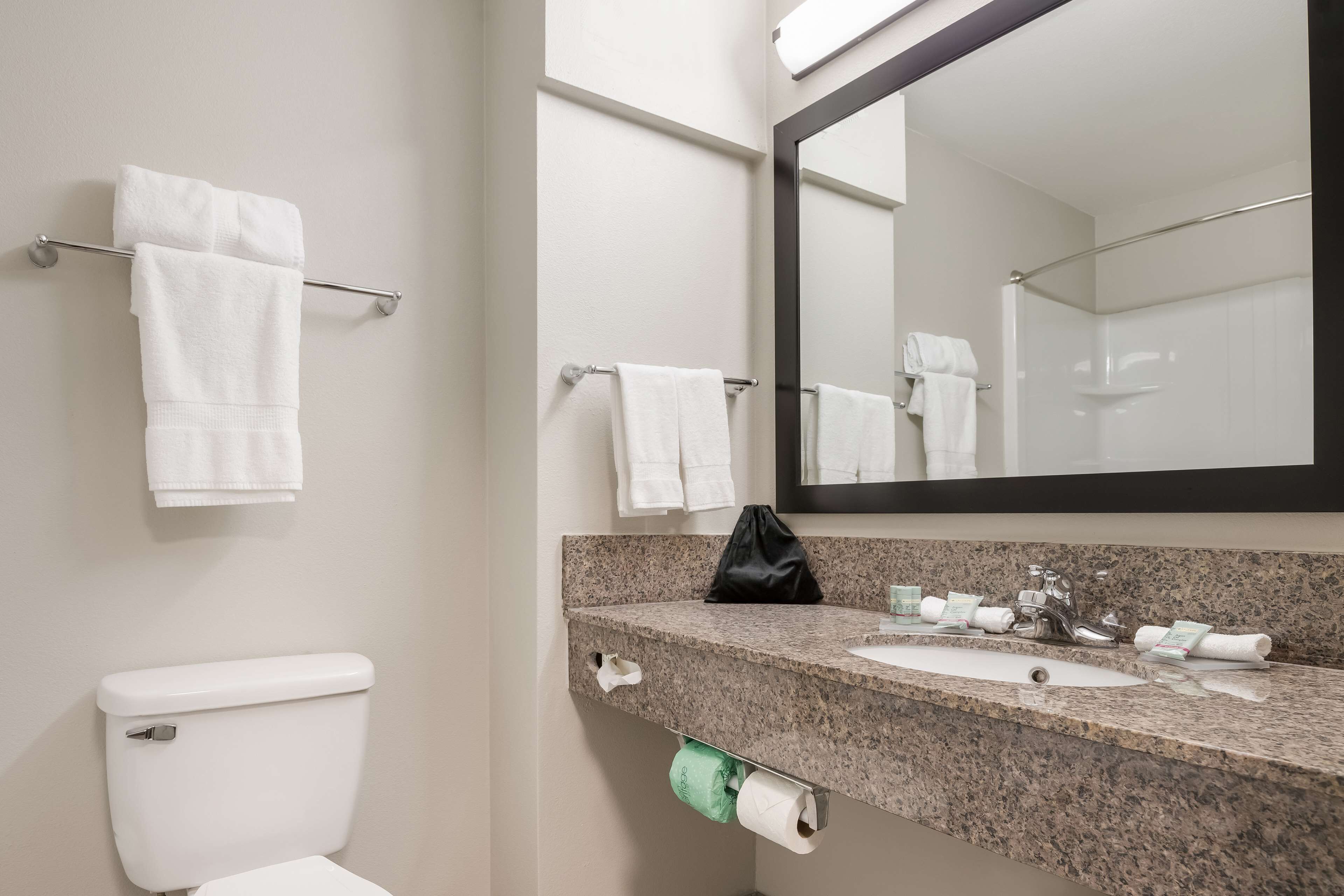 combined shower/bathtub, hair dryer, towels