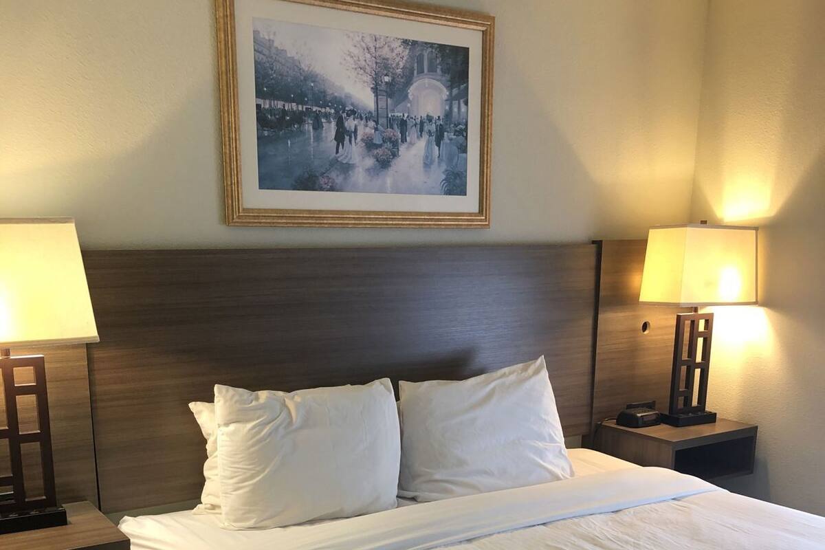 A hotel room with a large bed, two bedside tables with lamps, a framed picture on the wall, and a patterned rug.