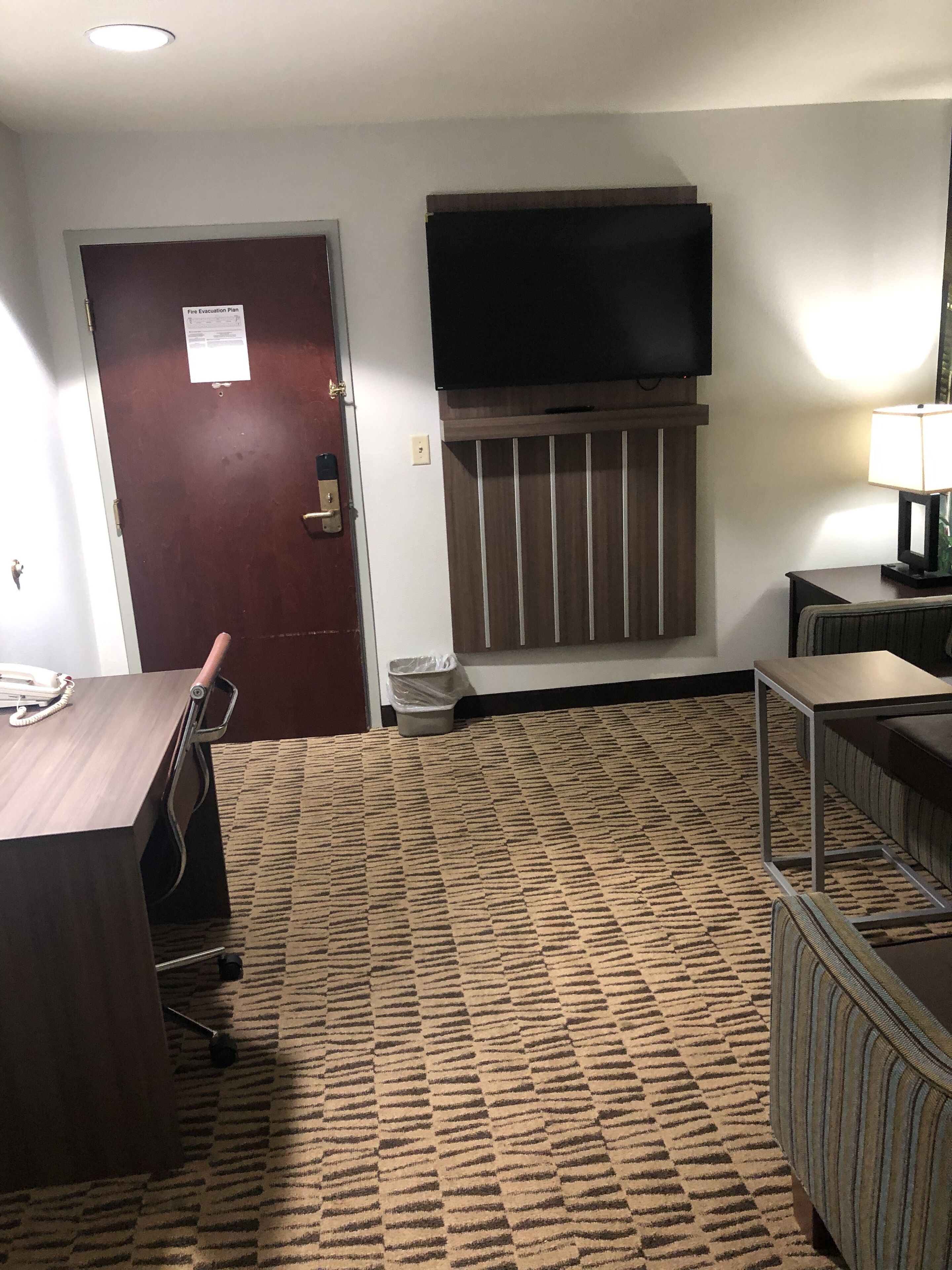 Habitación de hotel con un escritorio de madera, una silla, un televisor montado en la pared, una mesita de noche con lámpara y una alfombra estampada.