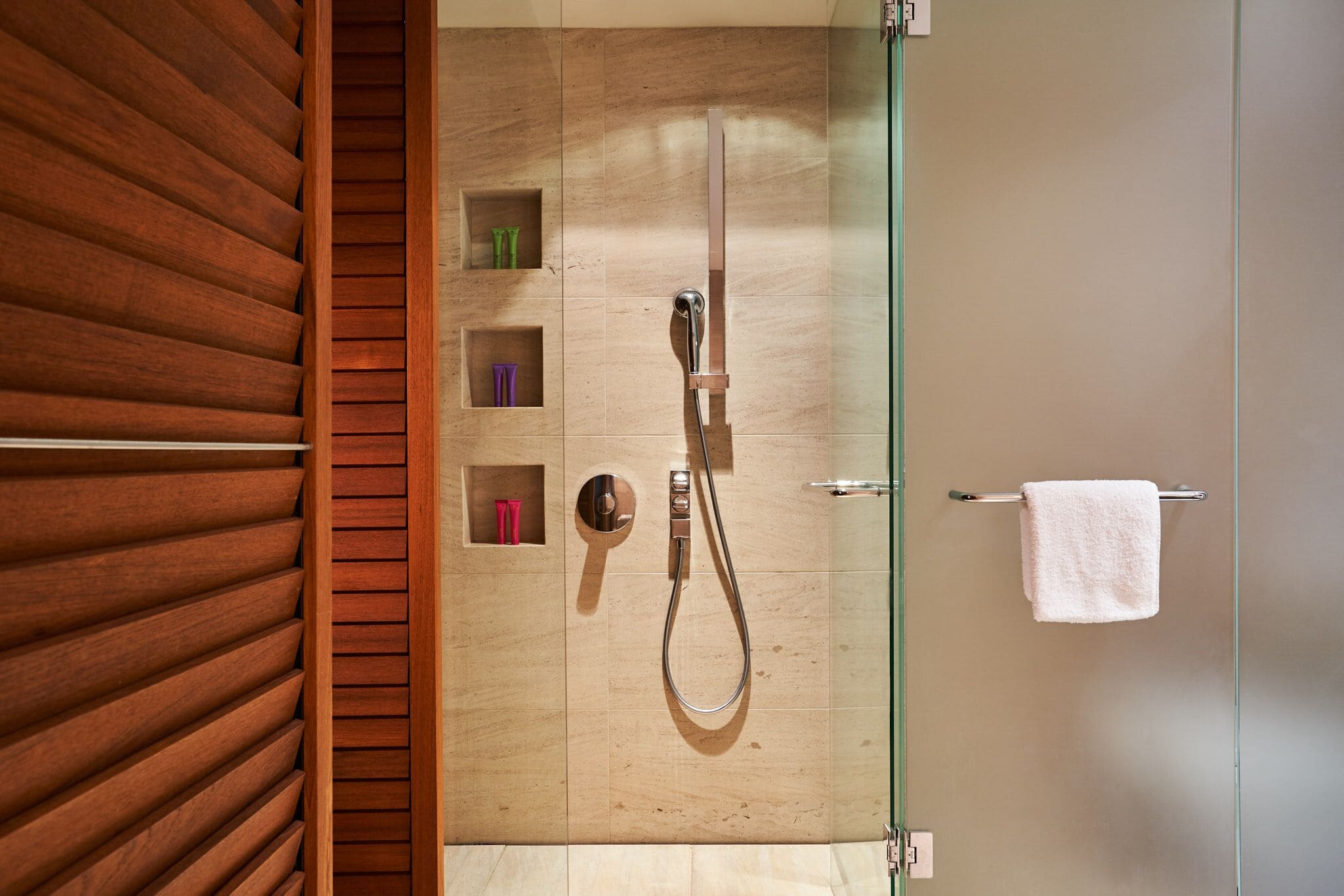 rainfall showerhead, designer toiletries, hair dryer, bathrobes