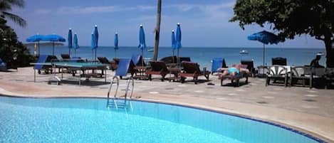 Outdoor pool, open 7:00 AM to 6:00 PM, pool umbrellas, pool loungers