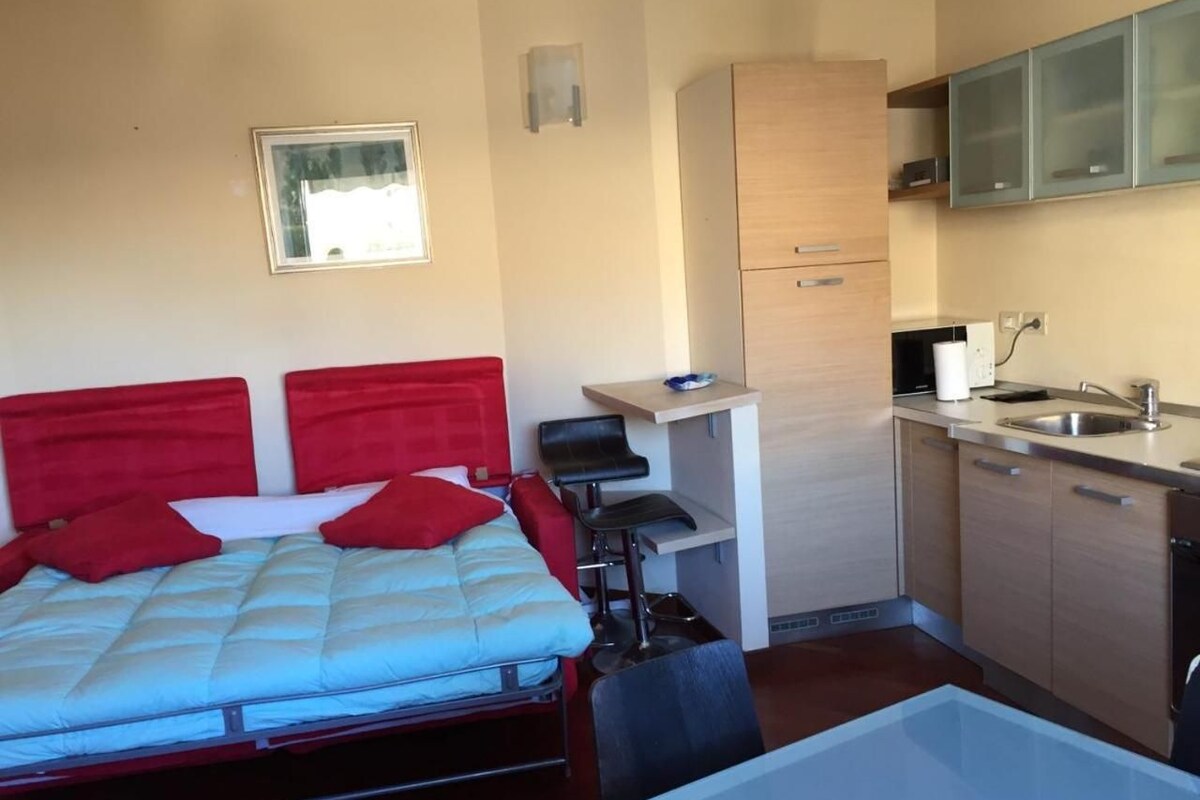 A compact room with a bed, a small kitchenette, and a window.