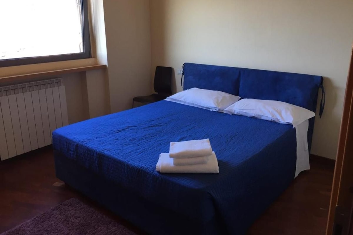 A single bed with a blue bedspread and white pillows, a radiator, and a window with curtains.
